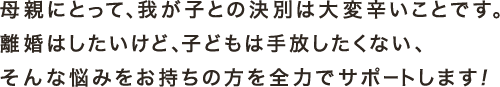 母親にとってわが子の決別は大変辛いことです。離婚はしたいけど子どもは手放したくない、そんな悩みをお持ちの方を全力でサポートします！